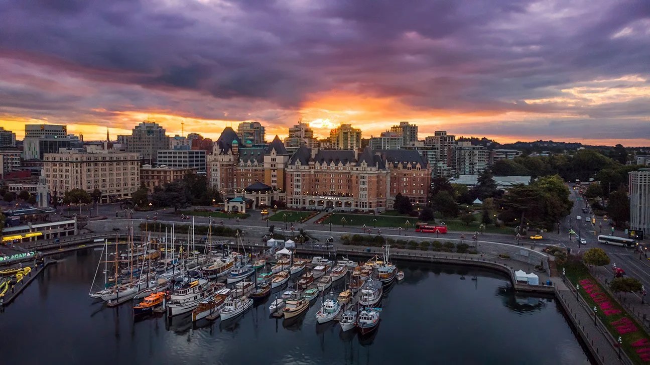 Victoria's Inner Harbour and the Fairmont Empress at sunset, Vancouver Island