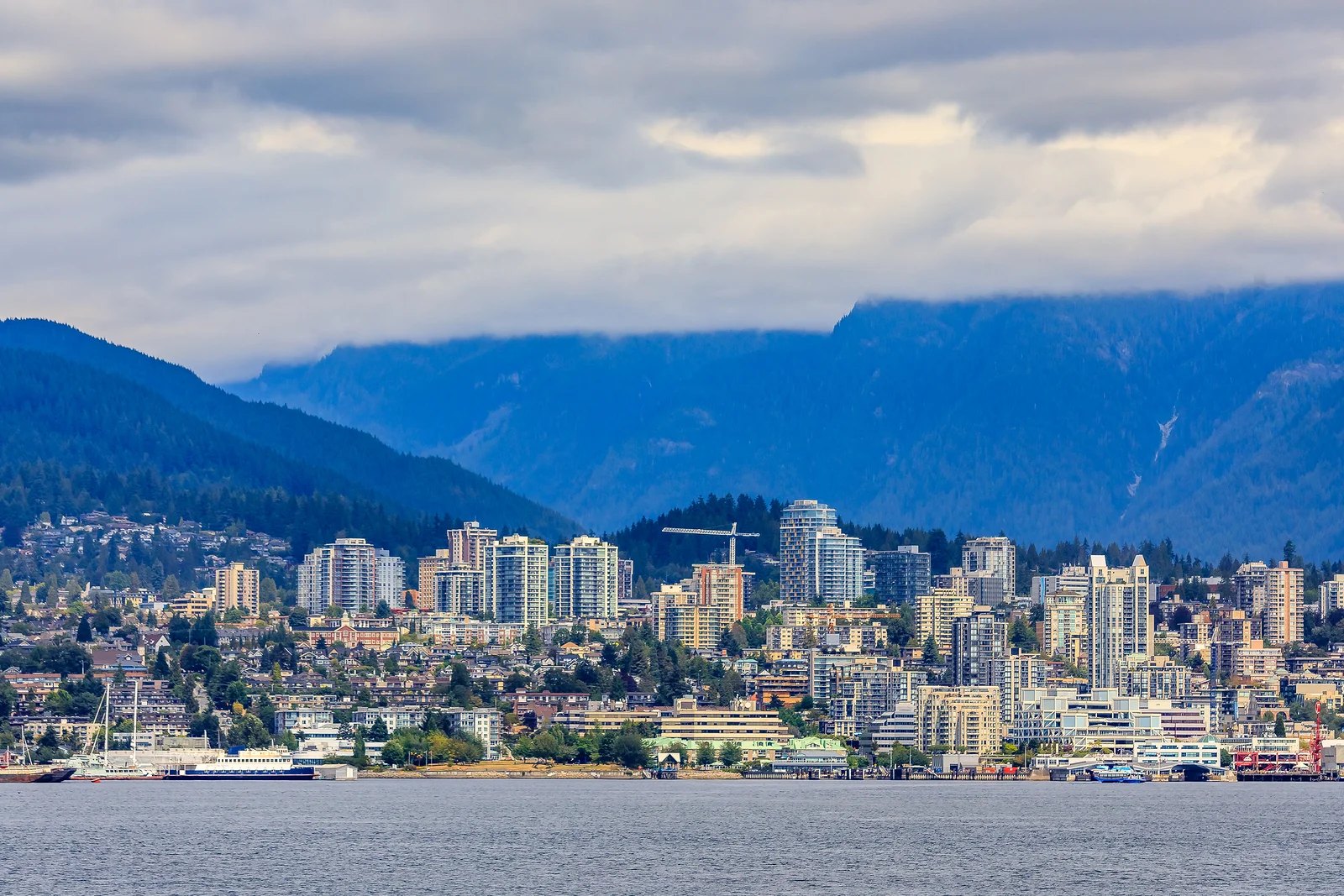 Lower Lonsdale waterfront in North Vancouver, with the North Shore mountains behind