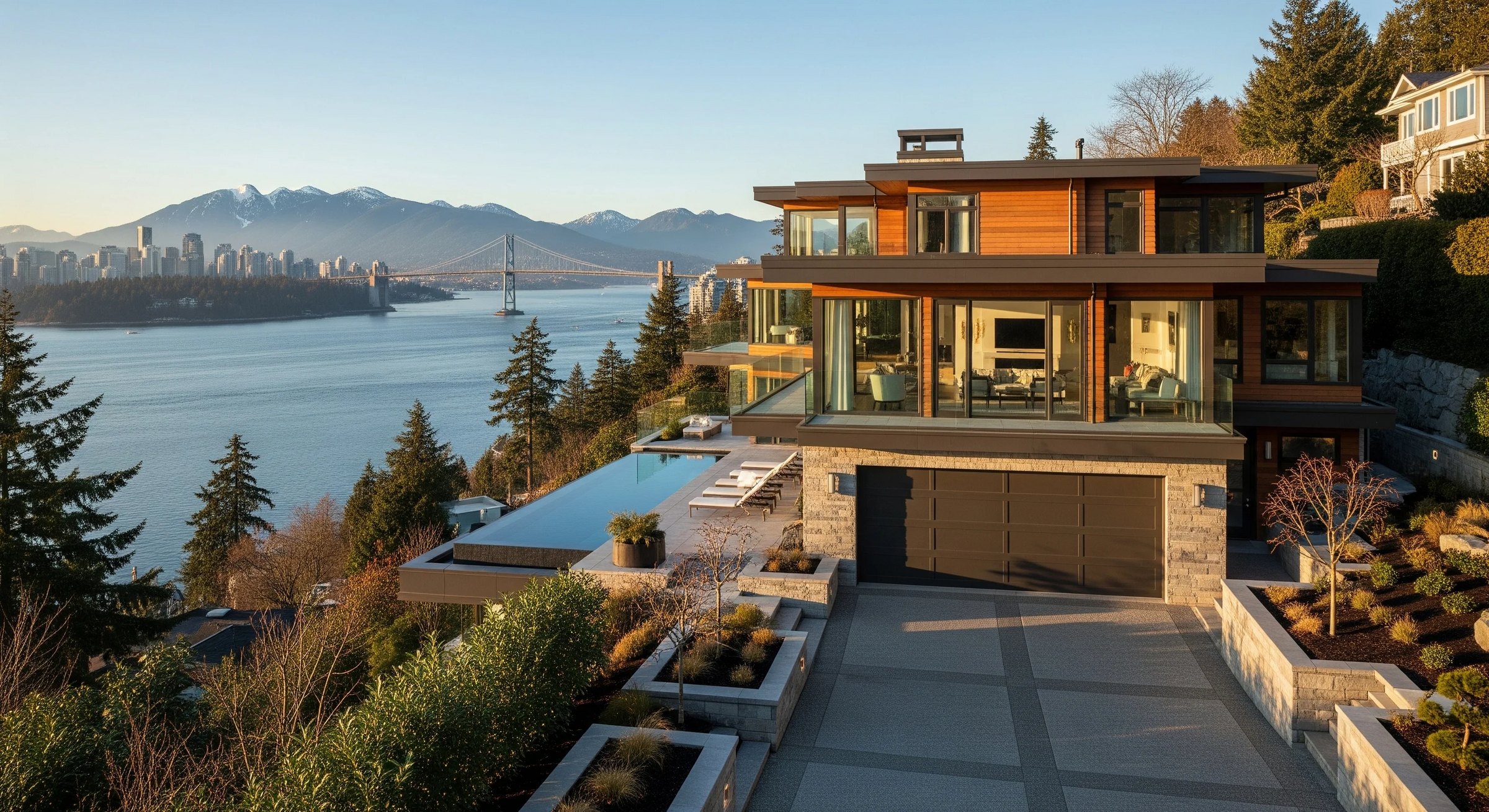 Modern West Vancouver home with an infinity pool overlooking Burrard Inlet, the Lions Gate Bridge and downtown