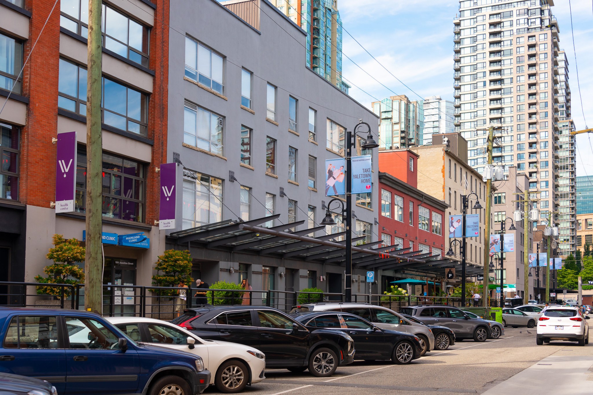 Heritage warehouse buildings and towers on Hamilton Street in Yaletown